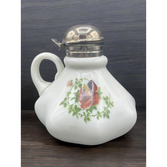 Antique Victorian Milk Glass Floral Syrup Pitcher Circa 1900 - Picture 3 of 15